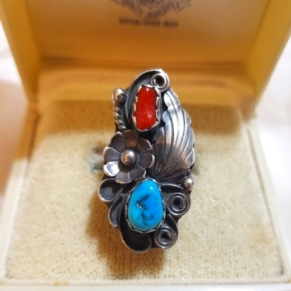 Navajo SIGNED JR RALPH JOHNSON Coral Turquoise Sterling Ring - Picture 2 of 8